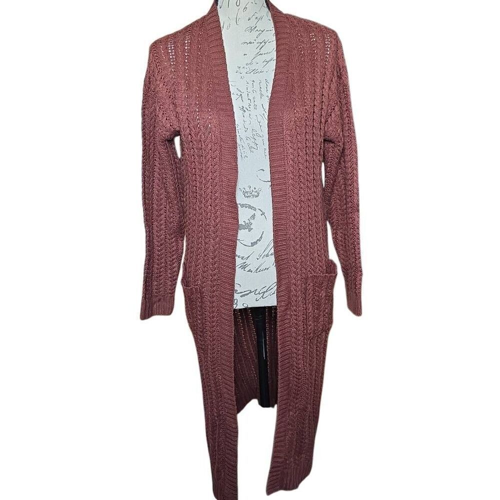 Pink Rose Women's Size Large Reddish Brown Long Woven Cardigan
